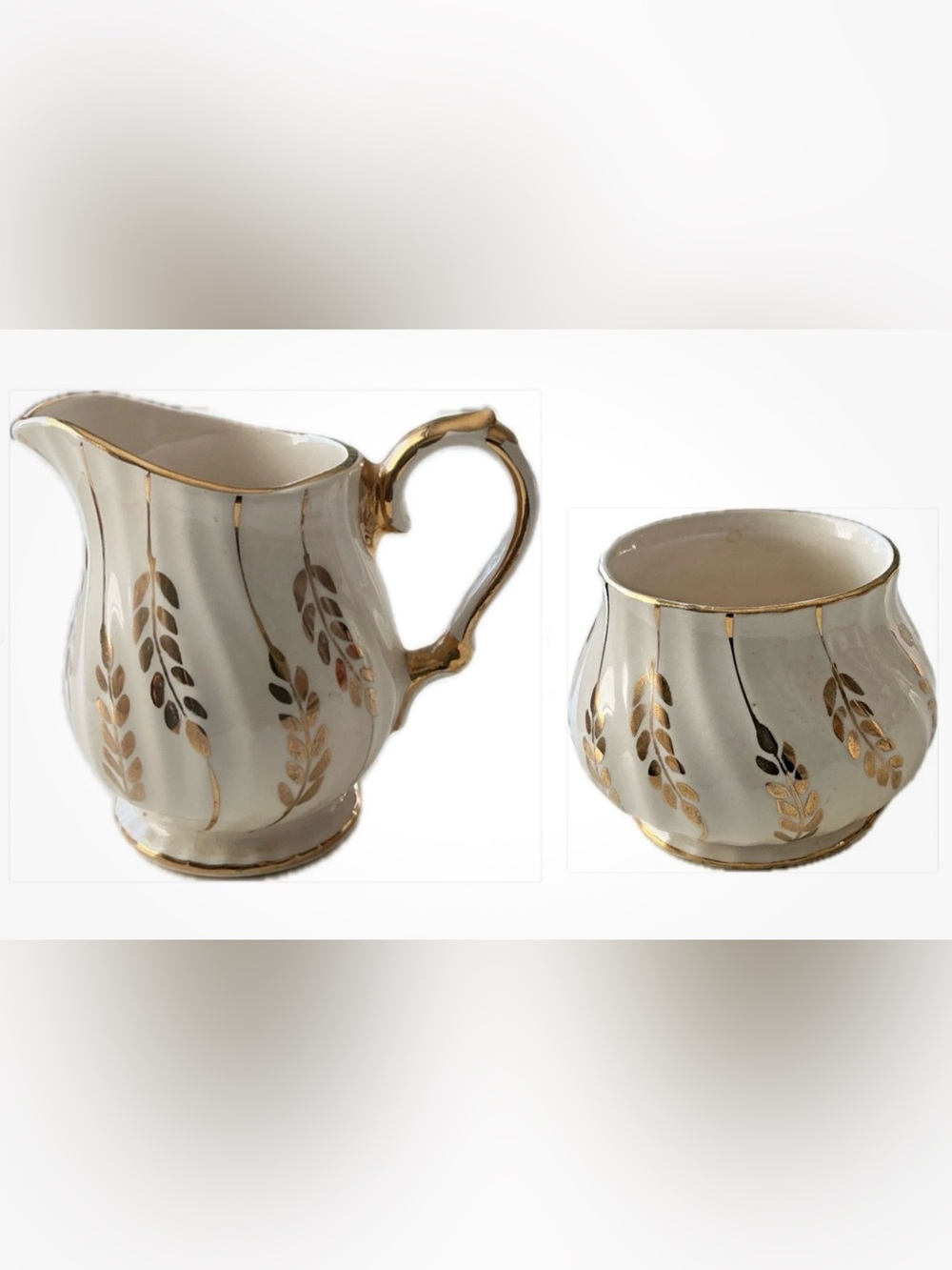 VTG Sadler England Cream and Sugar Set Ivory Swirl Gold Leaf Wheat Design 1940s